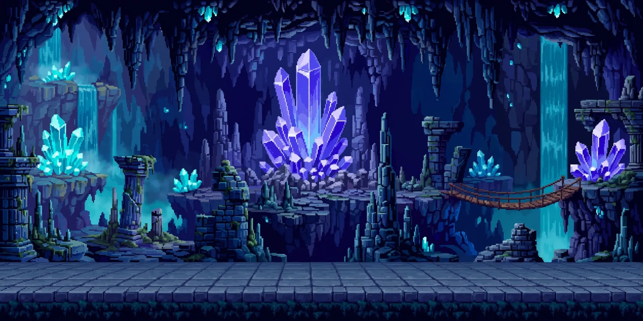 Detailed pixel-art crystal cavern
