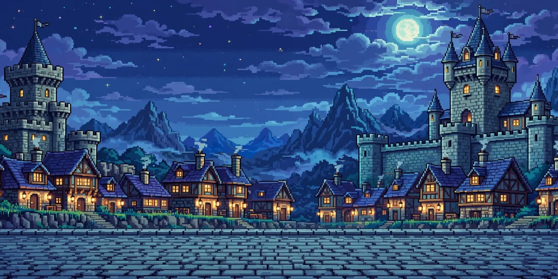 Moonlit pixel-art castle landscape
