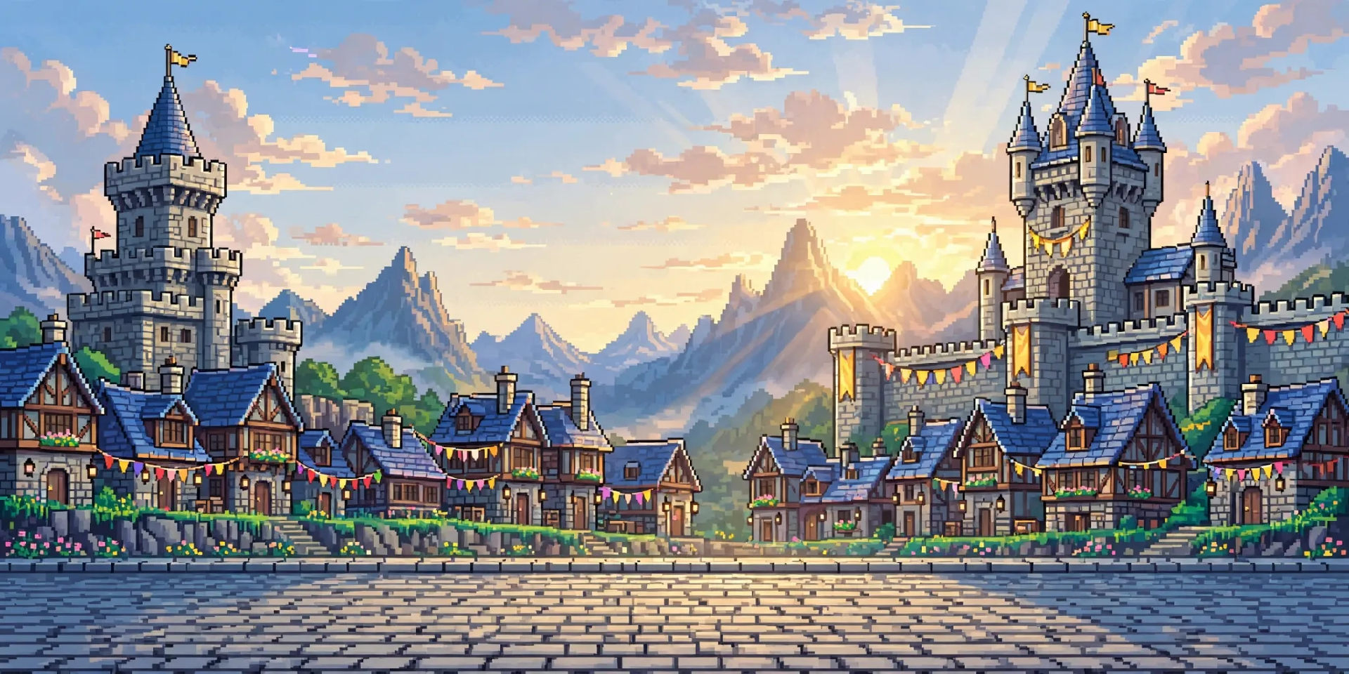 Warm pixel-art castle landscape