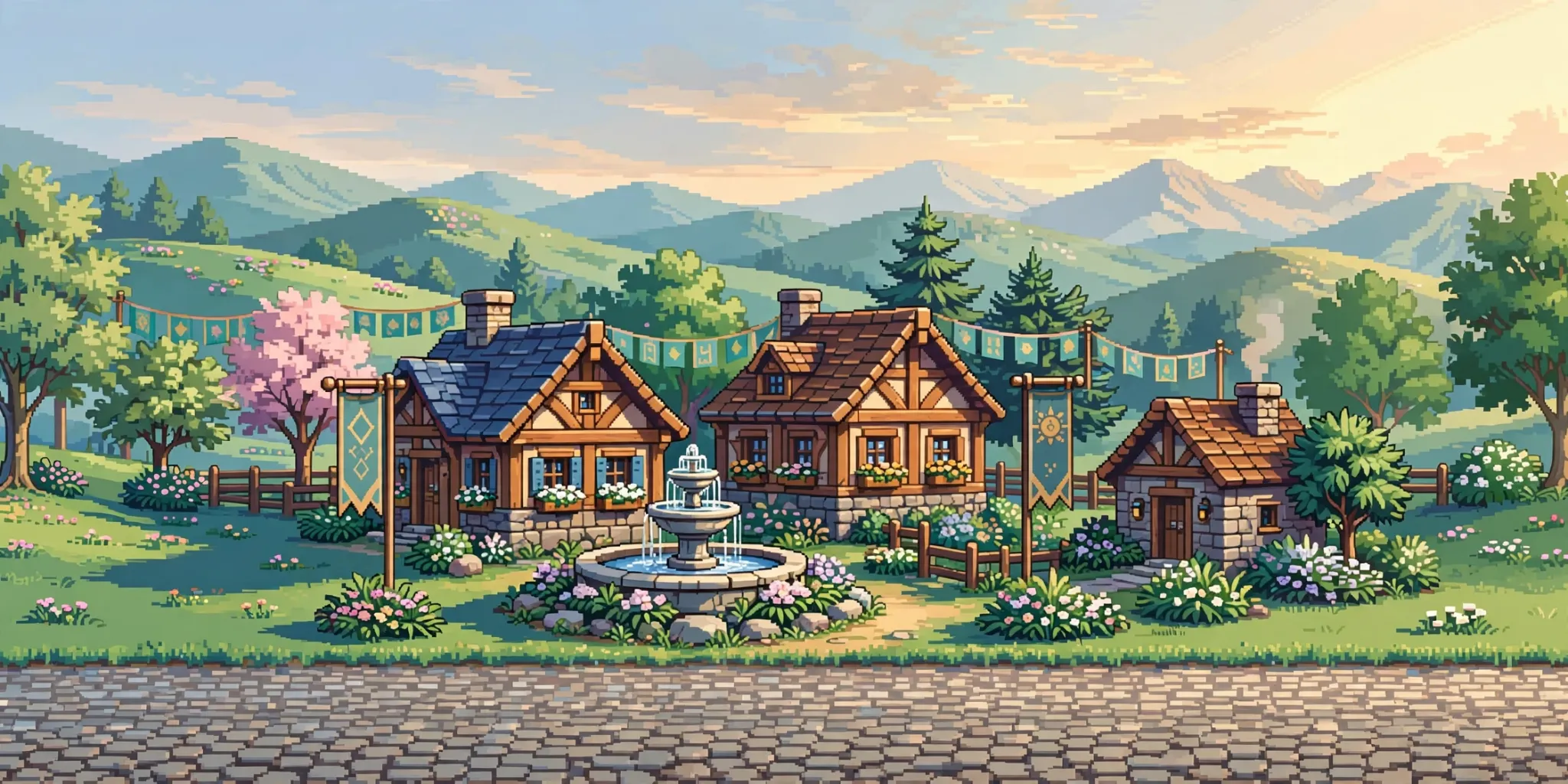 Detailed pixel-art town